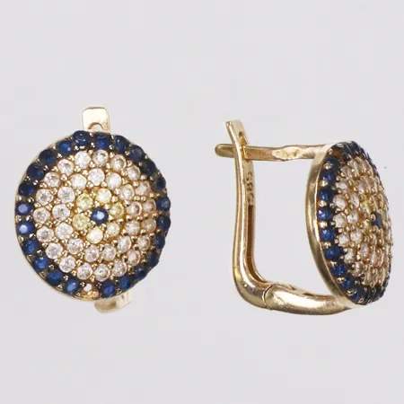 Ett par örhängen, blåa och vita stenar,  Ø12mm, skev, stenar saknas, 14K Vikt: 3,7 g