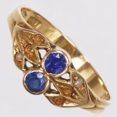 Ring, blåa och vita stenar, stl 16, bredd 2-7mm, Guldvaruaktiebolaget G. Dahlgren & Co Ab, år 1918, skev, stenar saknas, 18K Vikt: 1,5 g