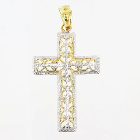 Hänge kors, genombruten dekor, 17x32mm, vitguld/gulguld, 18K Vikt: 1,3 g