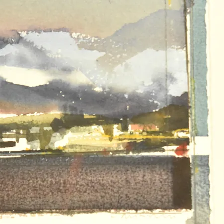 Tavla, Lars Lerin, akvarell, motiv Hamn i Nordland, signerad Lars Lerin -91, svart träram, bildmått 18x24 cm, mått inkl ram 31x24 cm, proveniens: Handelsbankens konstförening, vinst i vårutlottningen 1992, Galleri Boj Stockholm. Skickas med postpaket.