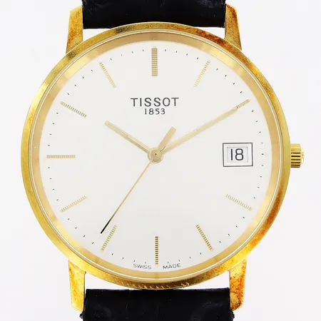 Herrur Tissot, 18K, quartz, Ø33mm, vit urtavla, datum, sekundvisare, gravyr, original läderband 23cm, törnlås, gravyr, i behov av batteribyte, bruttovikt 31g,  box. 