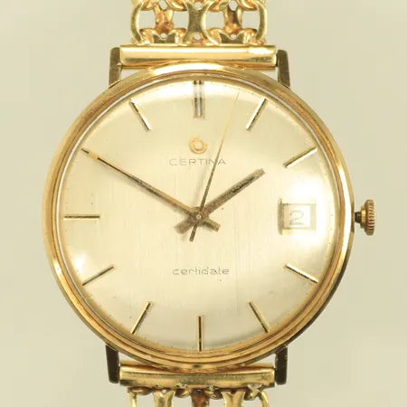 Herrur, Certina, 18K i både länk och boett, längd 21cm, bredd 15mm, boett Ø 38mm, 18K, 53g bruttovikt (guldvikt ca 32g)