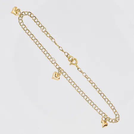 Armband Bismarck, 20cm, bredd 3mm, 3 berlocker hjärtan, vriden lagad länk, 18K Vikt: 2,7 g