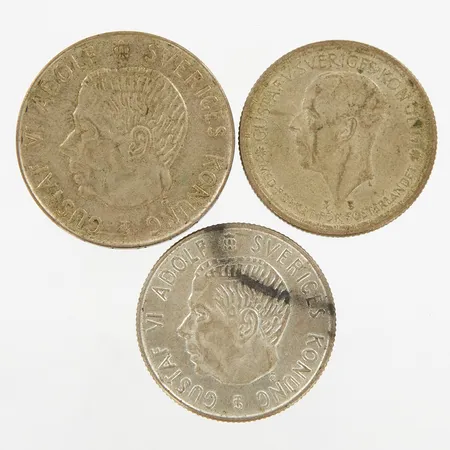 Mynt 5kr, 2st mynt 2kr, silver 400/1000, brv: 45,9 gram Vikt: 45,9 g