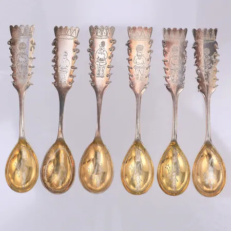 6 kaffeskedar, same, 11cm, förgylld sked, Fritz Olsson, Bolidensilver år 1952-64, putsrepor, en ring saknas, 830/1000 silver Vikt: 73,5 g