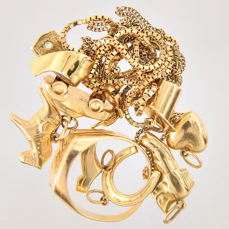 Diverse guld, ostämplat, defekt lås, sten, gravyr, 18K Vikt: 17,1 g