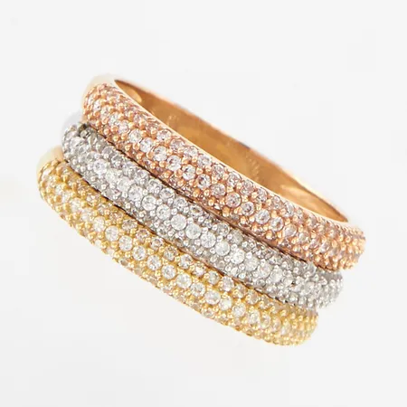 Ring trefärgad med stenar, stl 17½, bredd framtill ca 8mm, 14K Vikt: 5 g