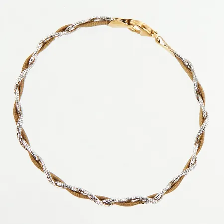 Armband, halvstelt flätat, vitguld/gulguld, 18,5cm, bredd: 5mm, 14K Vikt: 6 g