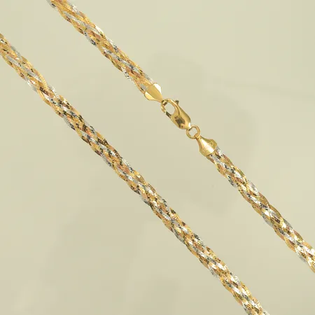 Halsband, trefärgat, flätat, längd 45,5cm, bredd 6mm, 18K, 10,5g Vikt: 10,5 g