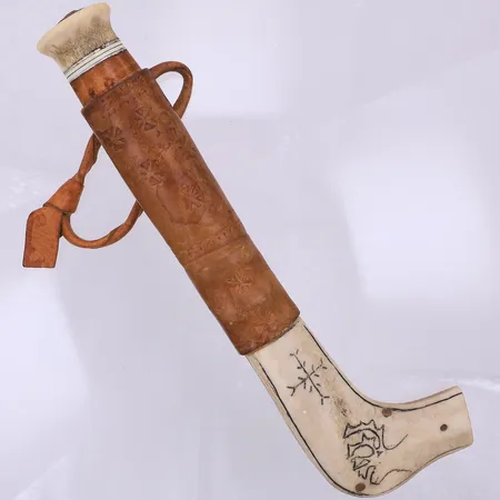 Halvhornskniv, ej signerad, 21cm, trä, horn & läder