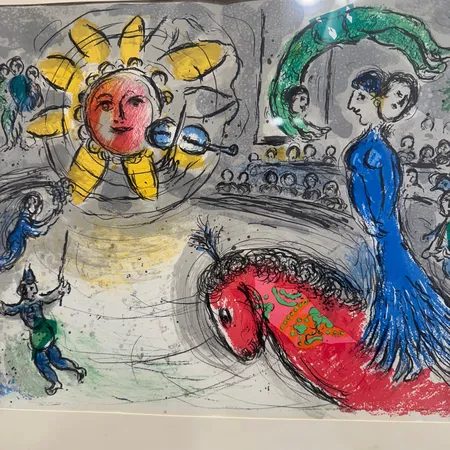 Färglitografi, Marc Chagall, "Soleil au Cheval rouge", rammått 54x44cm, bildmått 41x30cm, möjligen signerad under passepartou, ej examinerad ur ram, gulnad, fläckar, ram med slitage Skickas med postpaket.