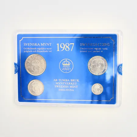 Myntsamling, Svenska Mynt, 5kr, 1kr, 50 öre, 10 öre, AB Tumba Bruk Myntverket Swedish Mint Eskilstuna, i plastetui