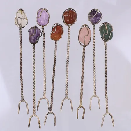 7 Cocktailpinnar, nysilver, 10cm, med ametist, bergkristall, agat, rosenkvarts,  aventurin Vikt: 0 g