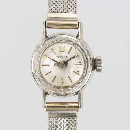 Damur, Tissot, manuell, med senare krona, armlänk, defekt, 18K vitguld, bruttovikt 18,4g.