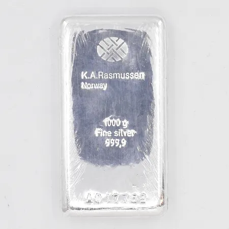 Silvertacka, K.A Rasmussen Norway, nr. A017769, 1000g, inplastad nyskick, inköpt 2025-03-27,  fine silver 999,9/1000 