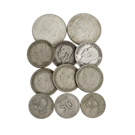 Parti svenska silvermynt, 40-80 %, finvikt cirka 37g Vikt: 36 g