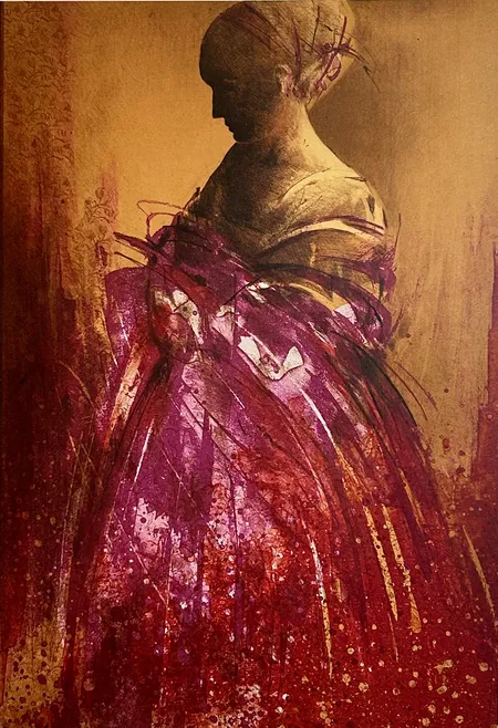 Tavla Dam i rosa, Danka Jaworska, signerad litografi 31/185, ca 52 x 35cm, ram & glas Skickas med postpaket.