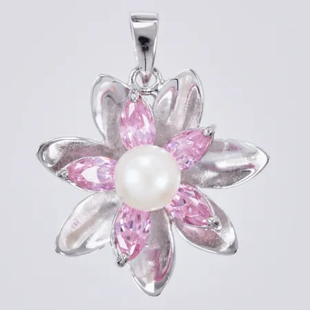 Hänge med rosa stenar och en pärla, längd ca 2,5cm, bredd ca 20mm, 925/1000 silver  Vikt: 4,1 g