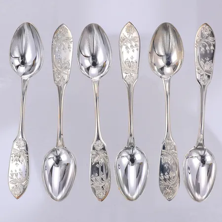 6 Kaffeskedar, modell Tornedalen, 12cm, Kultakeskus år 2003, gravyr baksida,  830/1000 silver. Etui Vikt: 73 g