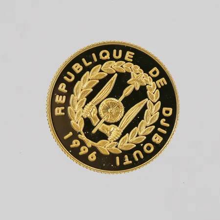 Mynt, 250 Franc, Djibouti, 1996, i etui, Ø14mm, 24K guld. Vikt: 1,2 g