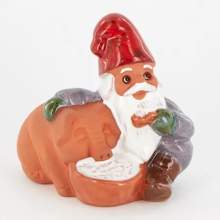 Figurin, Tomtefar med gröt och gris, design Rolf Berg, Torshälla Sweden, höjd ca 10,5cm, etikettmärkt