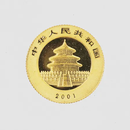 Mynt, 20 Yuan, Kina, 2001, i etui, Ø14mm, 24K guld. Vikt: 1,5 g