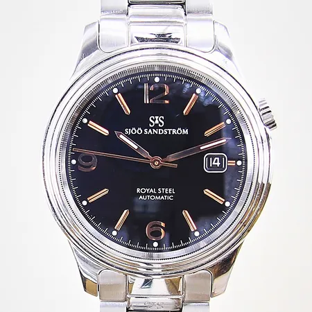 Herrur Sjöö Sandström Royal Steel Classic, stål, automatisk, serie-nr: 252/MMXI, Ø41mm, safirglas, stållänk, viklås, extra länkbitar, boett samt länk med mindre repor, certifikat 2018, manual, box, ytterkartong