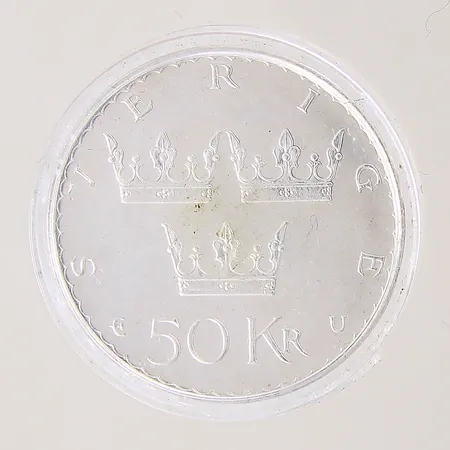 Mynt, 50Kr, All·Offentlig·Makt·i·Sverige·Utgår·Från·Folket, 1975, Ø36mm, skadat plastetui, silver 925/1000 Vikt: 26,9 g