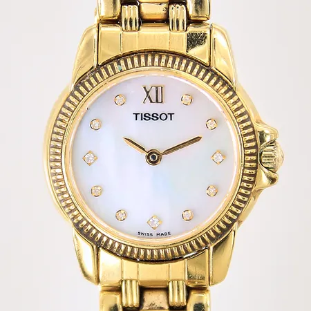 Damur Tissot, stål/guld, quartz, numrerad: C210/318C, Ø24mm, safirglas, pärlemorurtavla, index med vita stenar, stållänk, boett samt länk med mindre repor, med etui