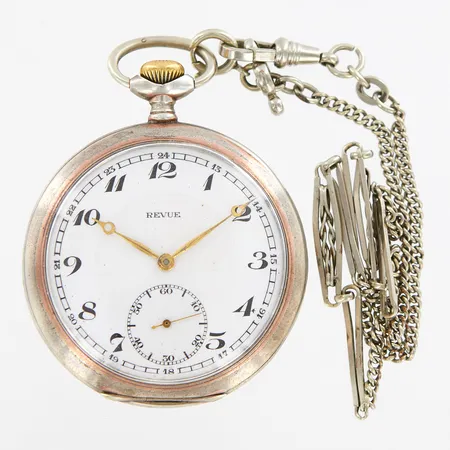 Fickur Revue, Ø50mm, öppen modell, innerboett i metall, numrerad 3193330, silver 800/1000, klockkedja i vitmetall 44cm , brv: 88,2 gram