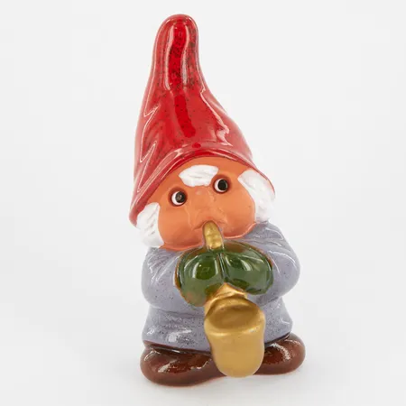 Figurin, Tomtemor med saxofon, design Rolf Berg, Torshälla Sweden, höjd ca 13,5cm, etikettmärkt