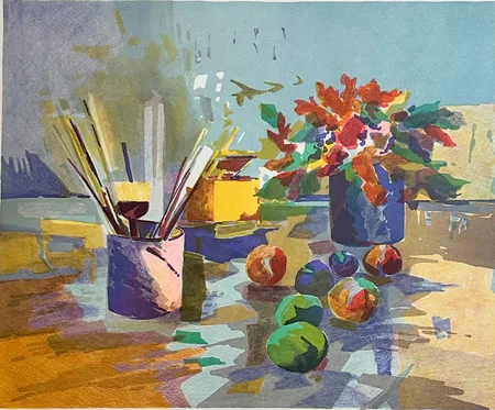 Tavla målarbänk, Lars Andersson Bjönni, signerad litografi 83/280, 40 x 48cm, glas & ram Skickas med postpaket.