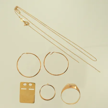 id-bricka, Halskedja, 3 örhängen, klackring, trasigt och graverat, 18K 7,7g totalt