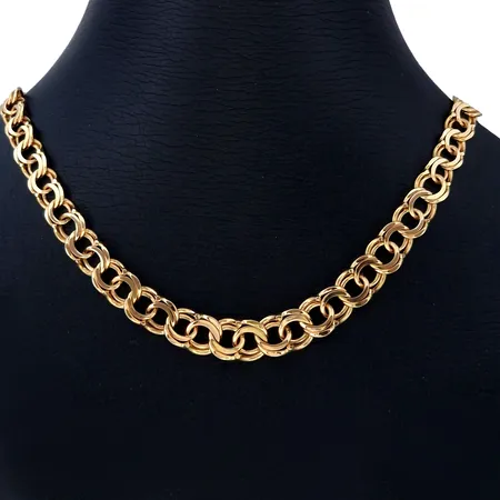 Halskedja Bismarck, 18K guld, doserad modell, Bergmans Guldvaror (TBG), svensk kontrollstämpel, längd knäppt 45,5 cm, bredd 5,5 - 9 mm, fint skick Vikt: 34,4 g