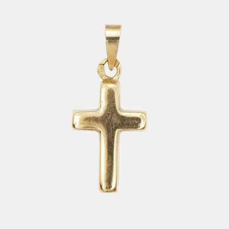 Hänge i form av ett kors, längd inkl. ögla: 23mm, bredd: 10mm, ihåligt, GHA, bruksskick, 18K guld. Vikt: 0,9 g
