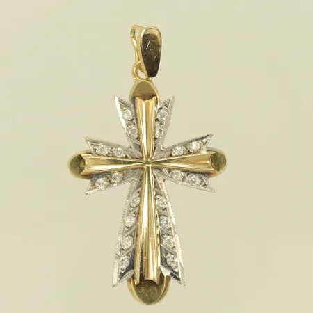 Hänge, tvåfärgat kors med vita stenar, längd 41mm inkl ögla, bredd 24mm, sliten, 14K, 5,6g Vikt: 5,6 g