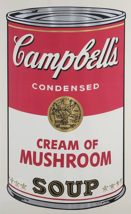 Tavla, färgserigrafi, Andy Warhol, Campells Soup, "Cream Of Mushroom", signerad med kulspetspenna samt numrerad 147/250, bildmått 81x48, dagmått 87x52,5cm, litteratur: Feldman/Schellman 53, ej examinerad ur ram, smärre skador, något blekt. Såld vid Moderna Höstauktionen nr AUK1179582, Bukowskis, 1998, katalognummer 0509:569.   Skickas med postpaket.