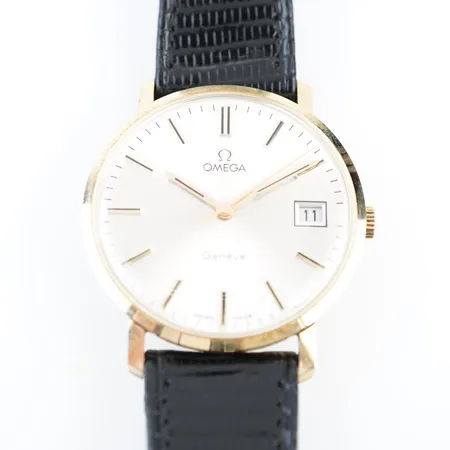 Herrur Omega Genève, 14K guld, Ø34 mm, manuell, datum, original skinnband och spänne.