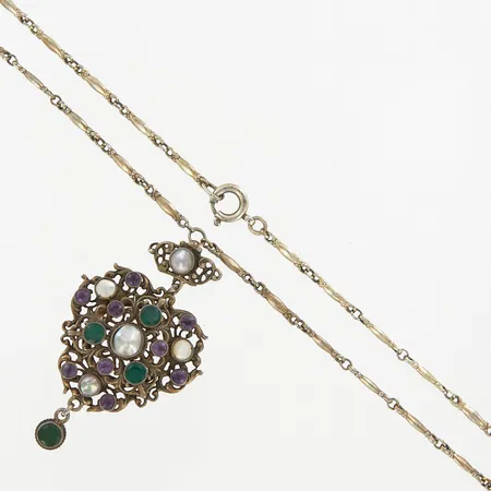 Collier med odlade pärlor, gröna och lila stenar, 47cm, bredd: 2mm, hängdel 70mm, bredd: 37mm, silver 800/1000 Vikt: 21,8 g