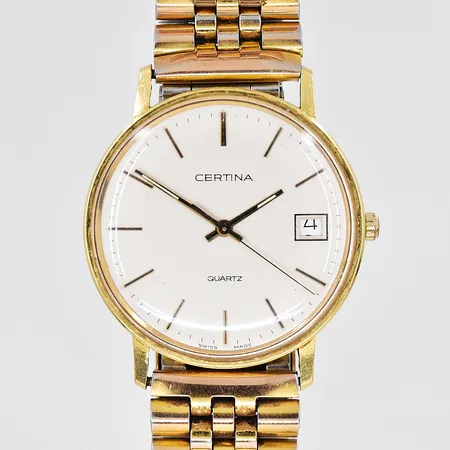 Herrur Certina, Ø 33,5mm, 14K, datum, quartz, graverad boett, förgylld länk rostfritt stål ca 18cm