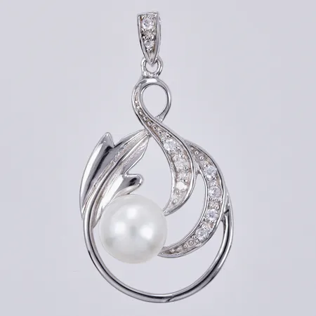 Hänge med vita stenar och pärla, längd ca 3,6cm, bredd ca 19mm, 925/1000 silver  Vikt: 4 g