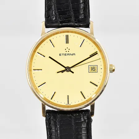 Herrur Eterna, Ø 33,5mm, 14K, datum, quartz, står still, läderband