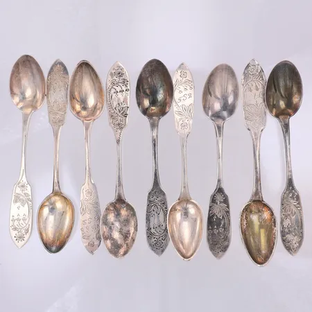 9  Kaffeskedar, modell Tornedal, 12cm, Haparanda, vikskada,  gravyr, 830/1000 silver Vikt: 119,2 g