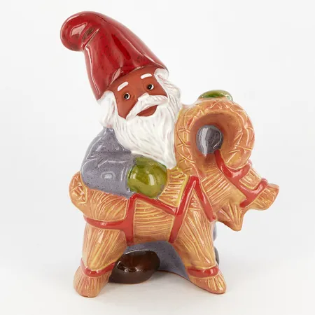 Figurin, Tomte med bock, design Rolf Berg, Torshälla Sweden, höjd ca 16 cm, etikettmärkt Skickas med paket.