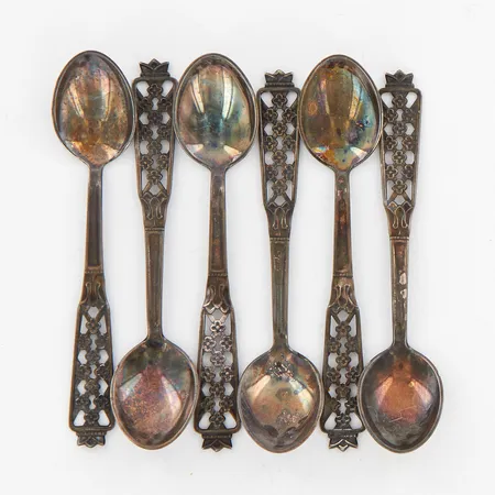 Sex kaffeskedar, modell Princess, längd 10,5cm, Ceson, silver 830/1000 Vikt: 60,5 g