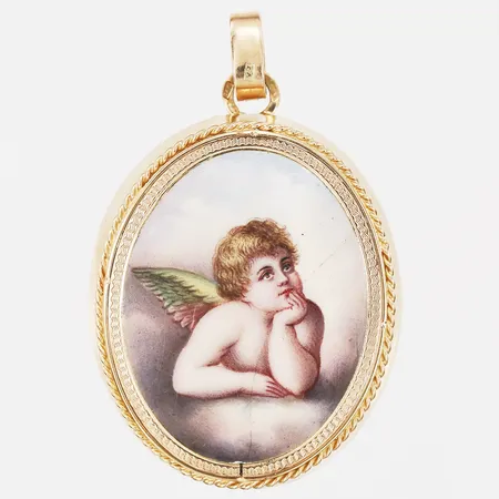 Hänge med målad ängel på emalj, nagg, repor, längd ca 52mm, bredd ca 34mm, F.A, Ungern, 14K guld, bruttovikt 16,4g Vikt: 16,4 g