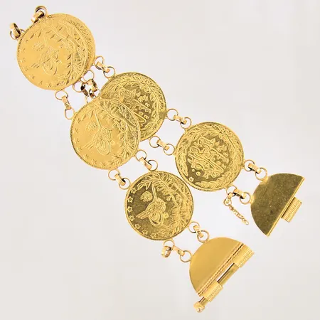 Armband med integrerade mynt, längd 22cm, bredd 22,2mm, defekt säkerhetskedja, 21K  Vikt: 53,8 g