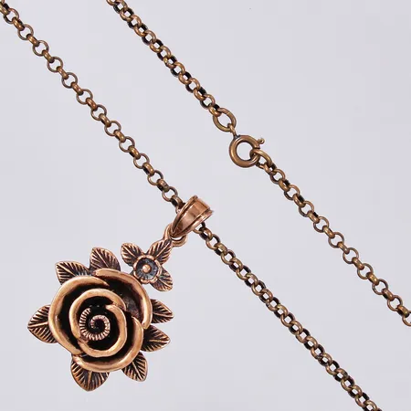 Kedja Kullänk, längd ca 60cm, bredd ca 3mm, Hänge Ros, längd ca 4cm, bredd ca 25mm, Brons 