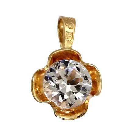 Hänge, 18K guld, Bergkristall Ø 6 mm, Alton Guldvaru Ab, svensk kontrollstämpel, hängets längd inkl. ögla 13,5 mm, bredd 8,5 mm, fint skick, sten utan anmärkning Vikt: 0,7 g