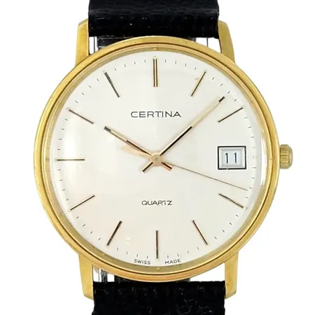 Herrur Certina, 18K guld, Ø33,5 mm, quartz - behov av nytt batteri, EOL 115.9199.68, plexi - repor, gravyr "För nit och redlighet...", original skinnband och spänne